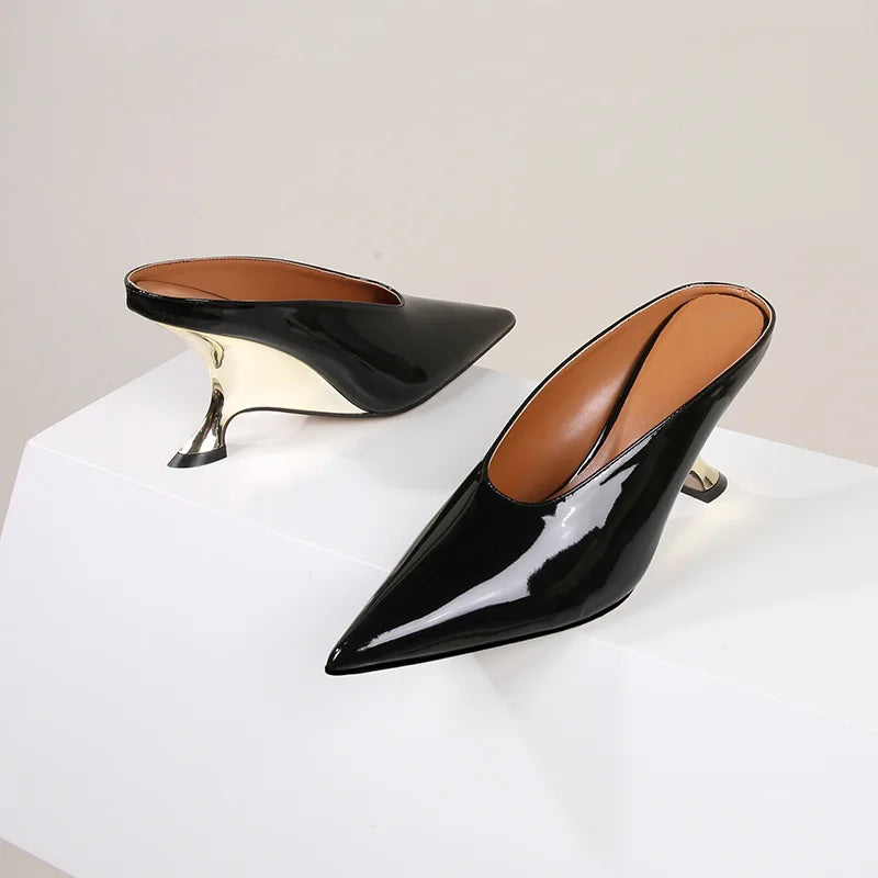 Pointed Toe Women Slippers Shoes Designer Shallow Wedges 9cm High Heels Banquet Mule Zapatos De Mujer