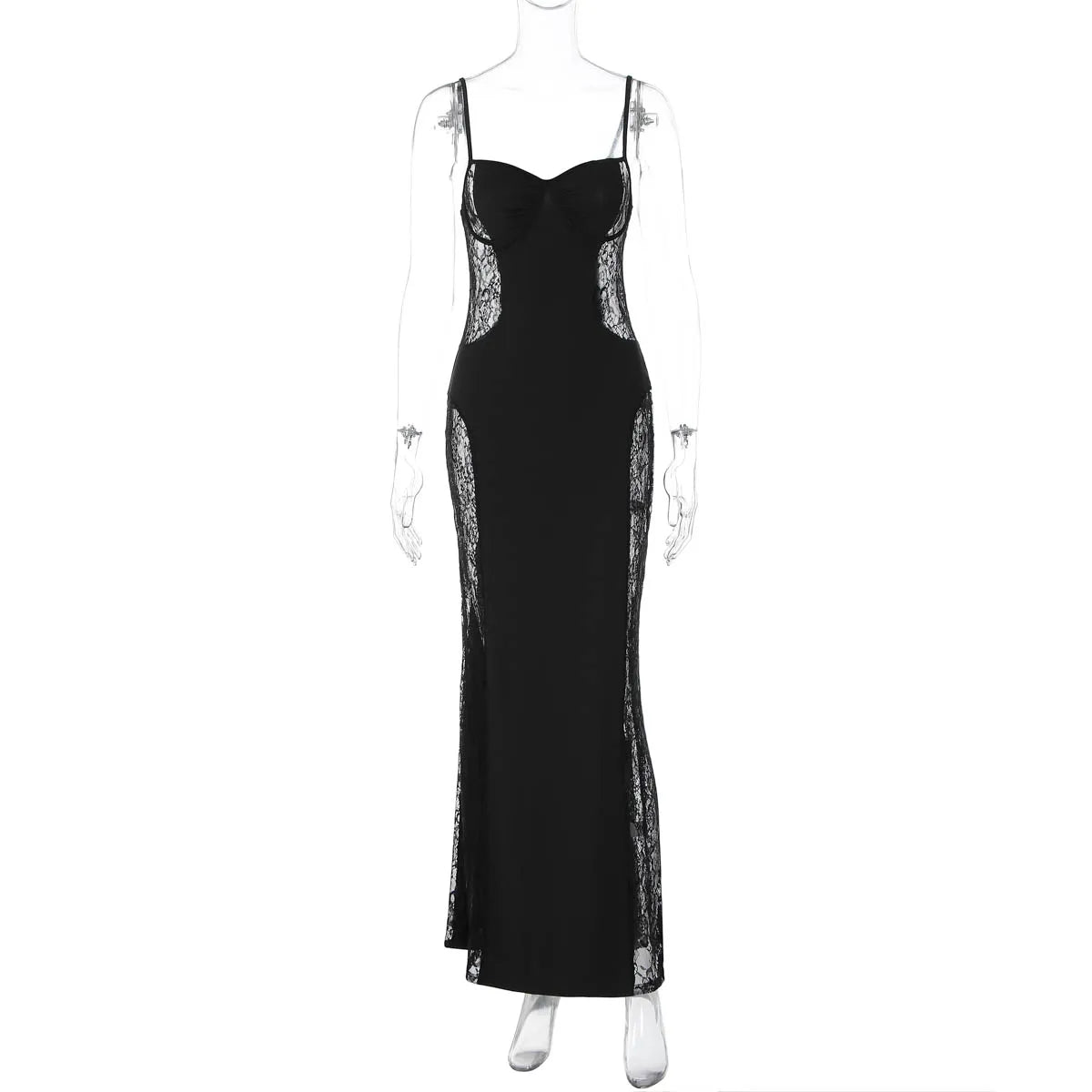 Dulzura Summer Fashion Sexy Backless Lace See Through Patchwork Suspender Long Dress Women Elegant Dress Party Club Prom Clothes