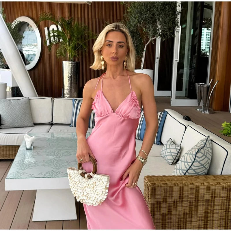 Elegant Satin Pink Women's Long Dresses Fashion Sleeveless Backless Slim Fit Hem Midi Dress Summer Female Holiday Robes 2026