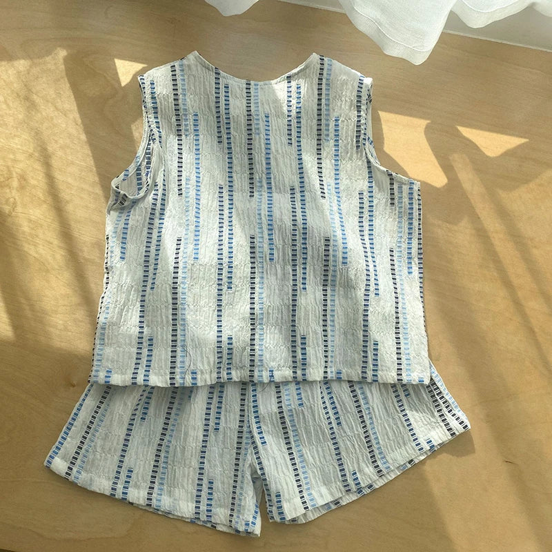 Summer Children's Vest Set Girls Lace Top Suit Kids Embroidered Striped Tank Top and Shorts 2Pcs Boys Casual Suit Sibling Outfit
