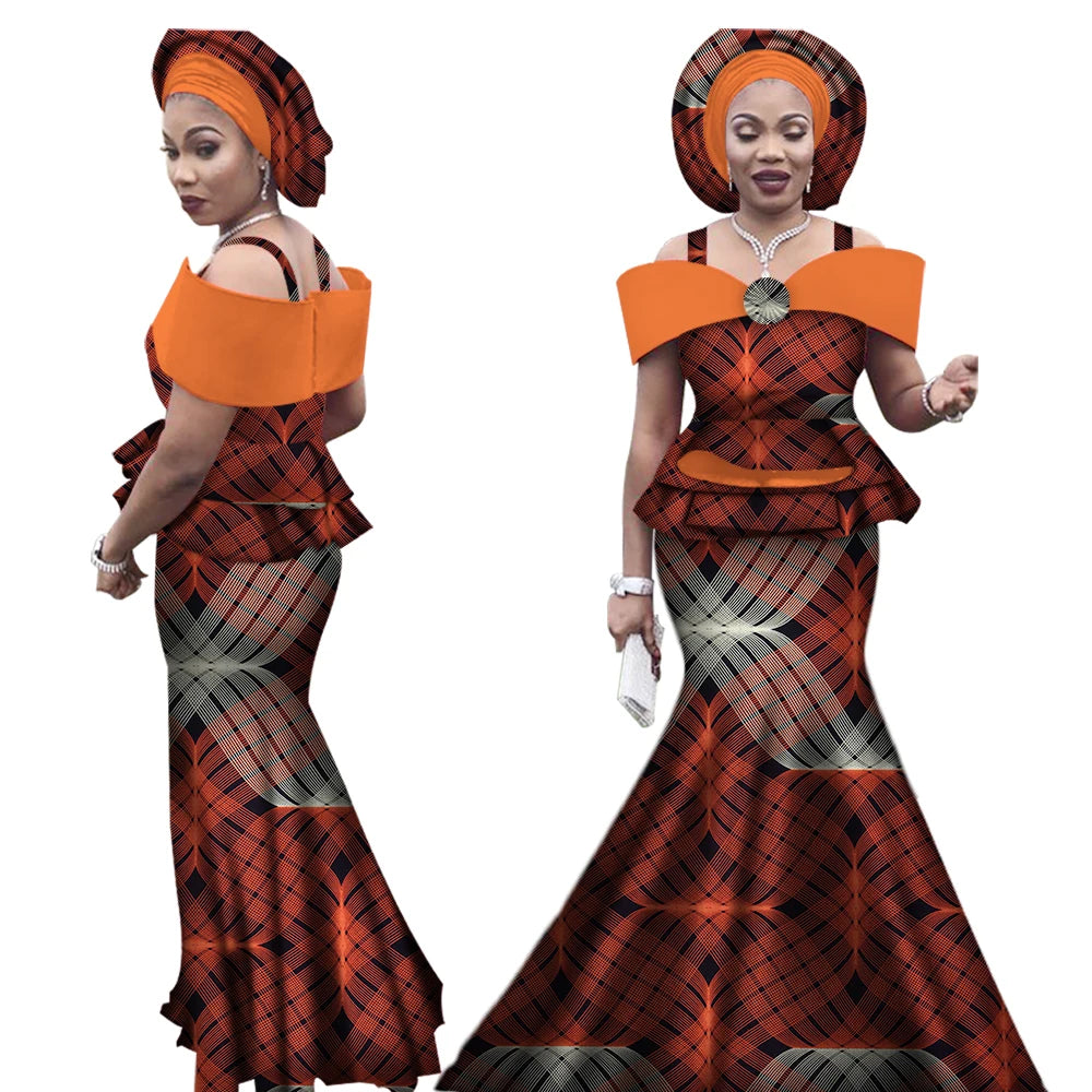 African Outfits with Headtie for Women Dashiki Bazin Print Strap Tops and Long Skirts Women Set African Clothing WY3113