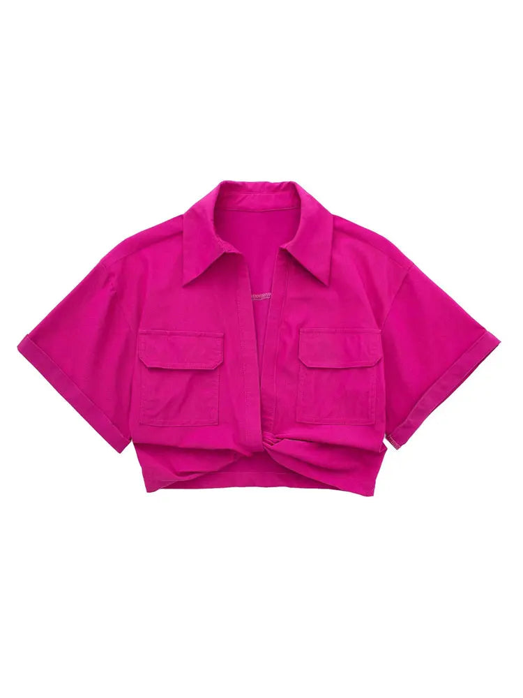 Women Fashion Front Knot Elastic Linen Cropped Shirts Vintage Short Sleeve Patch Pockets Female Blouses Blusa Chic Tops