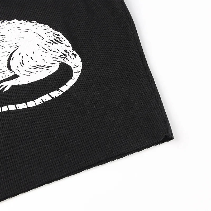 Mouse Print Black Tank Goth Sexy Bodycon Cropped Tops Women Streetwear Harajuku O Neck Knitted Basic Tank Top