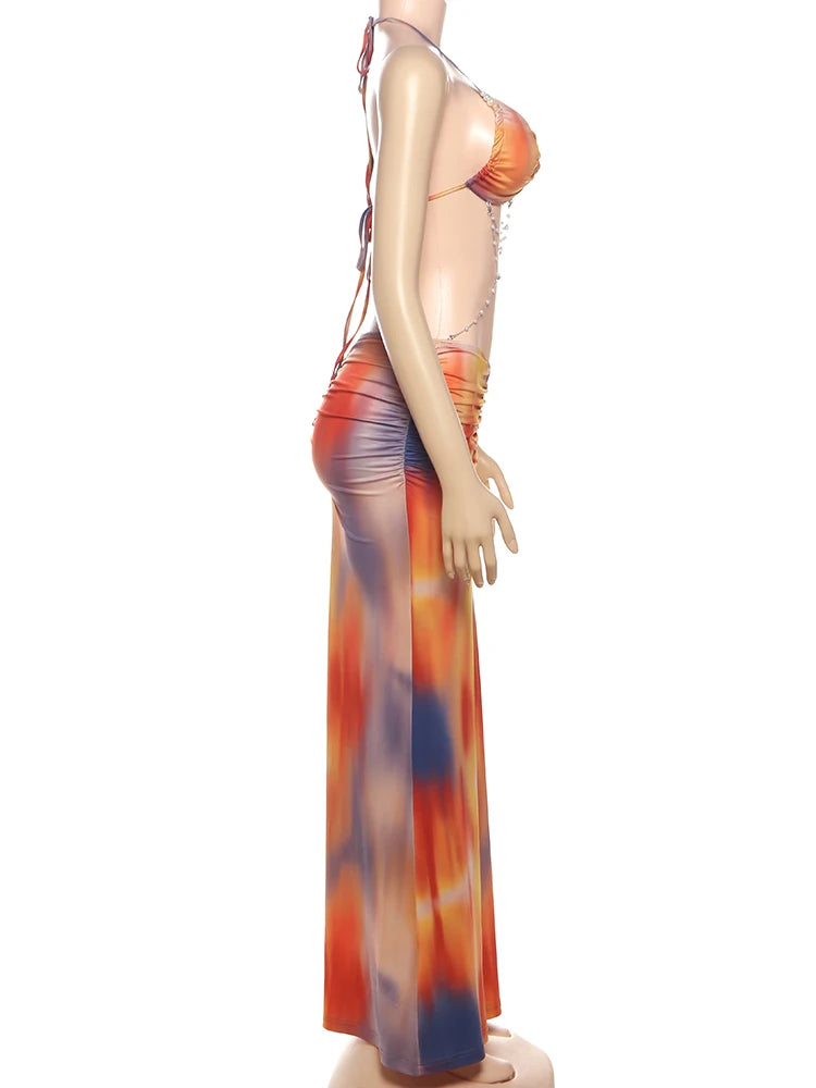 kliou Pearl Splice Stunning Dresses Women Sexy Tie Dye Tassel Bandage Hollow Shirring Maxi Bodycon Lady Vacation Party Vestidos