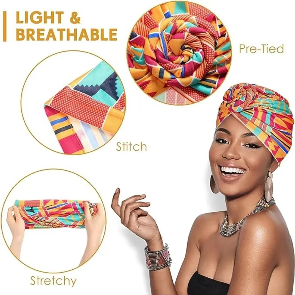 Fashion African Print Hijab Caps Pleated Wrap Twist Knot Turban Hat Elastic Knotted Style Floral Head Wrap All Match Decor