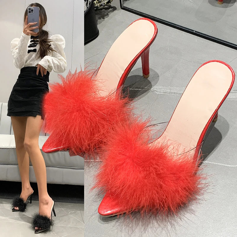 Women Modern Slippers Summer New Sexy Feather Decorate High Heels Stiletto Peep Toe Mules Plus Size Ladies Sexy Pumps Shoes