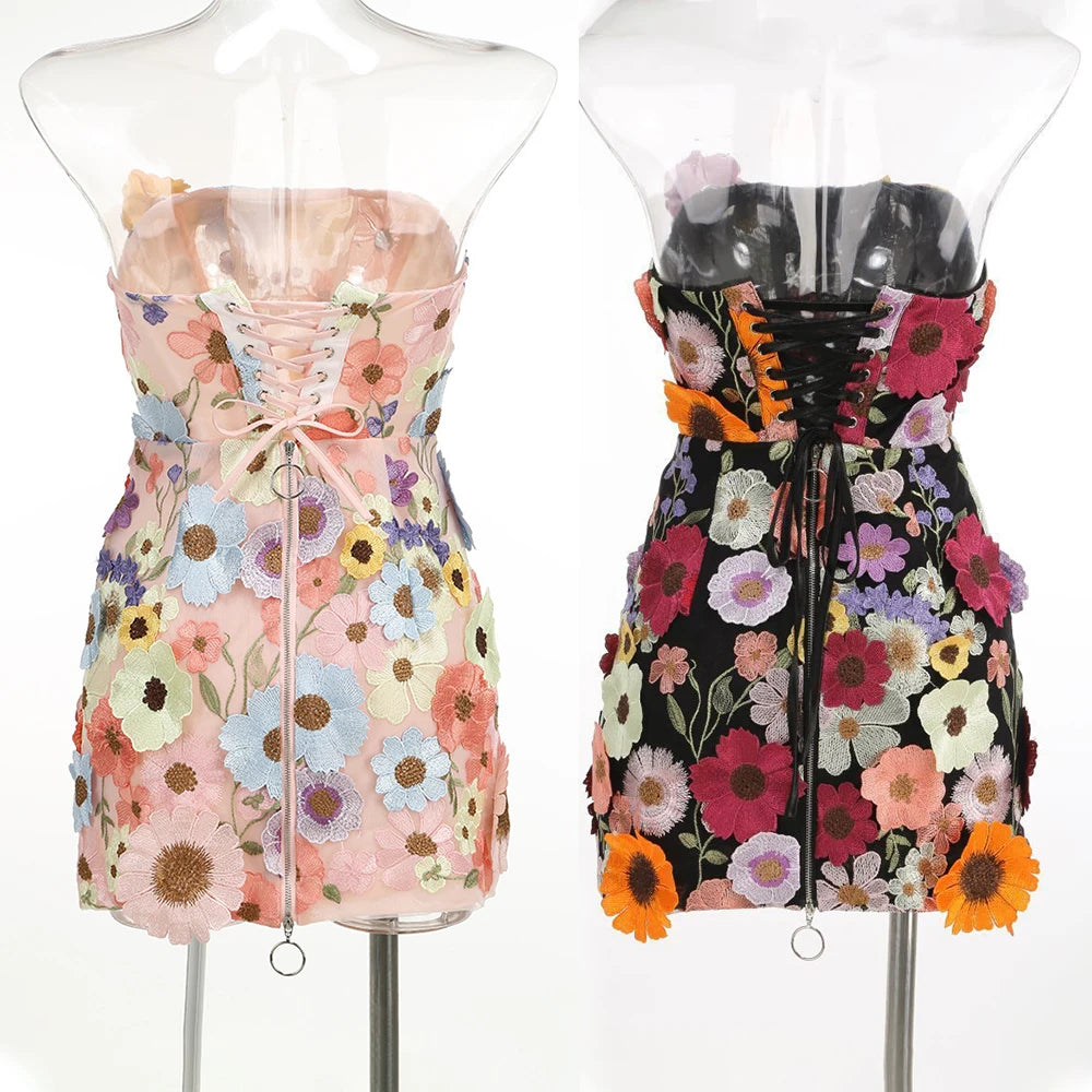 Women's 3D Floral Embroidery Backless Sleeveless Mini Dress Self Tie Evening Gown Elegant Short Dress for Party Cocktail Wedding