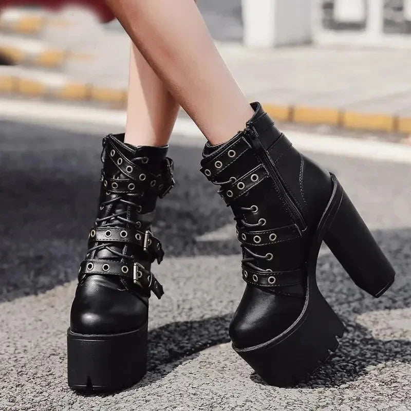 Zip Up Platform Ankle Boots High Heels Round Head Black Leather Goth Studded New Rock Combat Punk Women Shoes On Offer