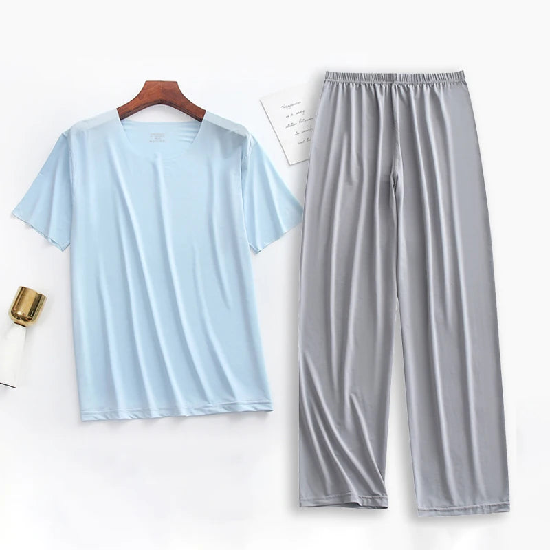 2Pcs/set Mens Ice Silk Short Sleeves T-Shirt & Long Pants Cool Thin Sleepwear Male Summer Pyjamas Home Clothing Nightwear Suit