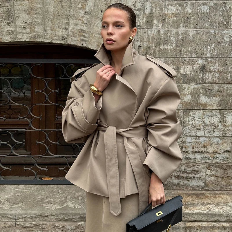 Lace Up Cropped Trench Coat Fashion Women Lapel Long Sleeves Wide Shoulder Windbreaker Jacket Lady 2026 Spring Commuting Outwear
