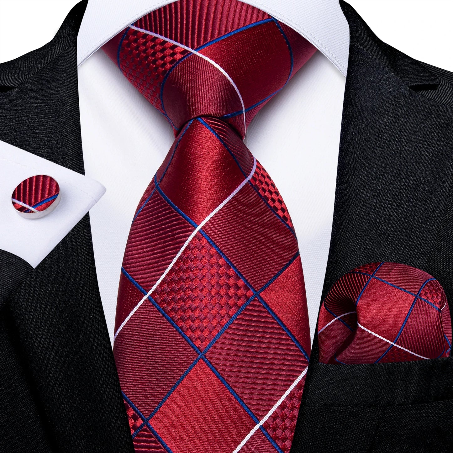 Dark Red Plaid Silk Ties for Men Classic 8cm Business Wedding Party Accessories Pocket Square Cufflinks Gift DiBanGu Dropship BAZAARHUBO