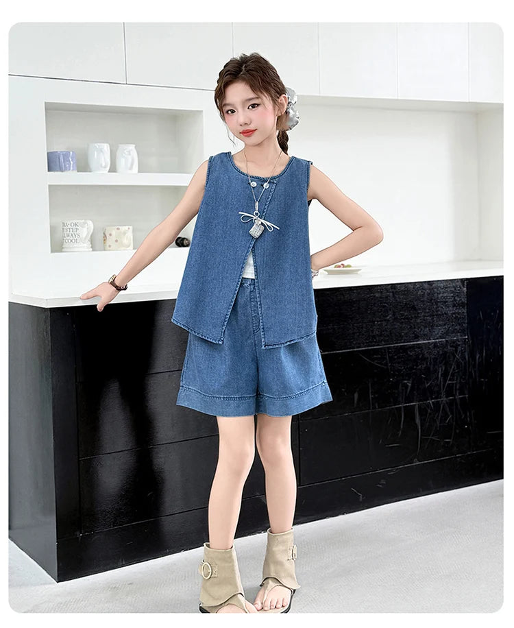 High Fashion Children Summer Denim Suit for Girls Casual Vest + Shorts 2 Piece Clothing Set Kids Trendy Street Outfit Age 5-14 Y