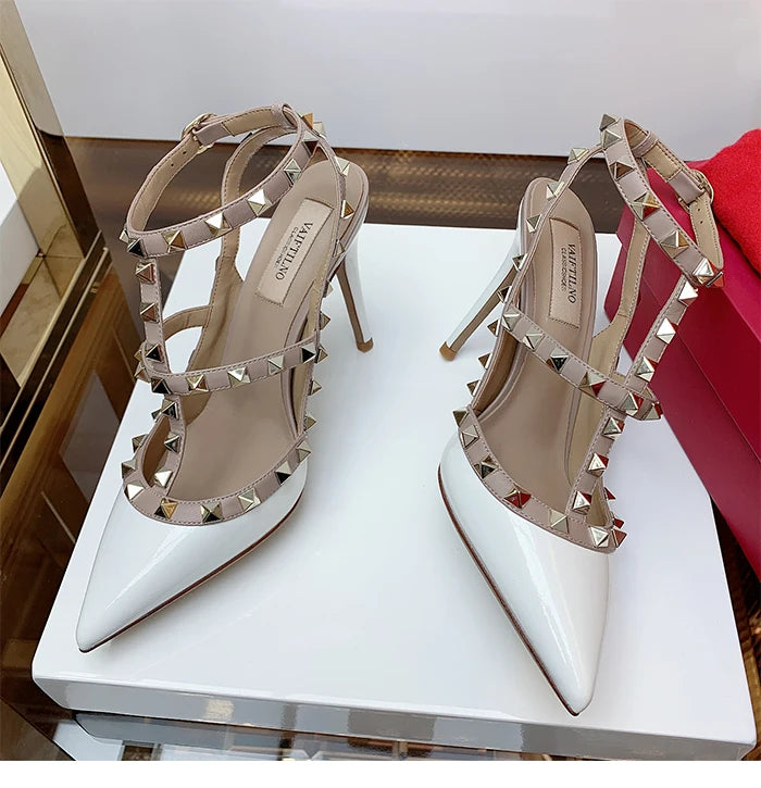 Nude Women's Gladiator sandals Summer 2025 Luxury With Ankle Strap Pointed Toe Fashion Rivet High Heels Party Ladies Shoes Women