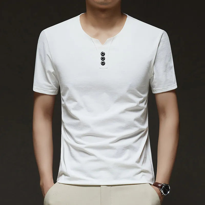2025 New Men's Business Casual Three Button V-neck Short Sleeved T-shirt Korean Style Summer Comfortable Versatile Top