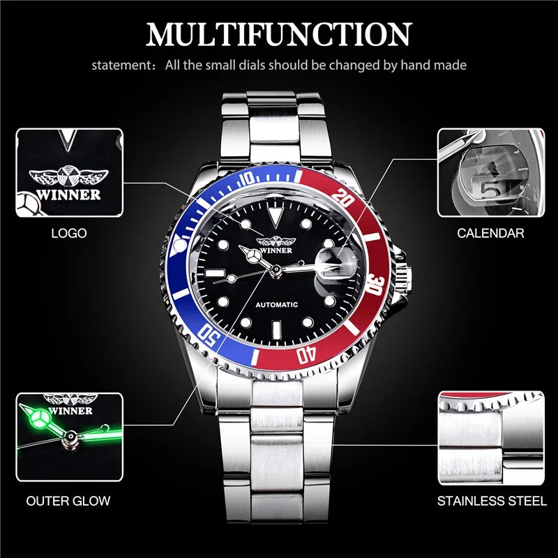 Classic Mechanical Watches Luxury Brand Business Automatic Watch for Men Rotatable Bezel Luminous Dial Steel Strap Clock