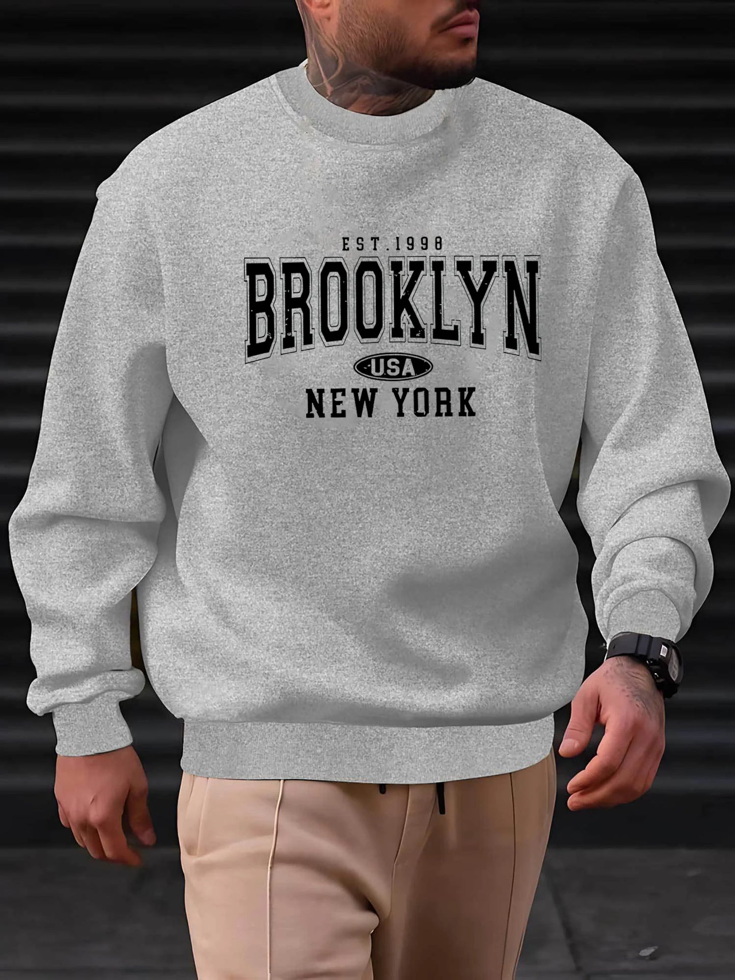 Men's autumn and winter fashionable casual loose Brooklyn letter pattern printed long sleeved round neck sweatshirt BAZAARHUBO