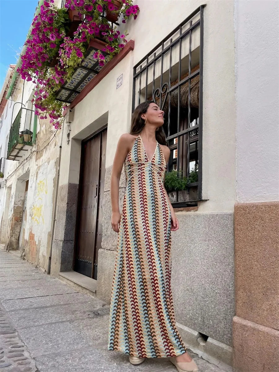 Ladies Deep V Neck Sleeveless Backless Halter Maxi Dress For Party Beach