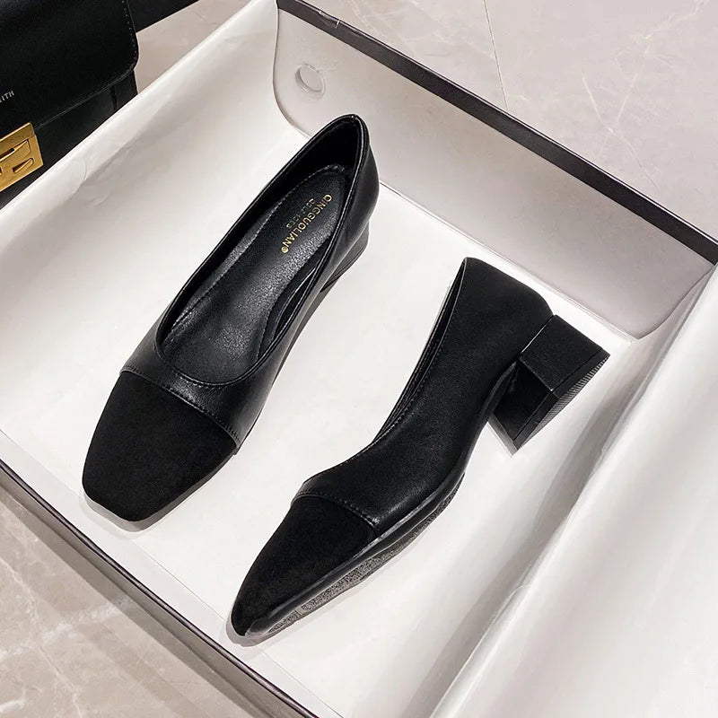 Woman Elegant Square Toe 3cm High High Heels Cute Beige Shallow Mouth Heel Female Shoes Barefoot Color Blocking Birken Shoes