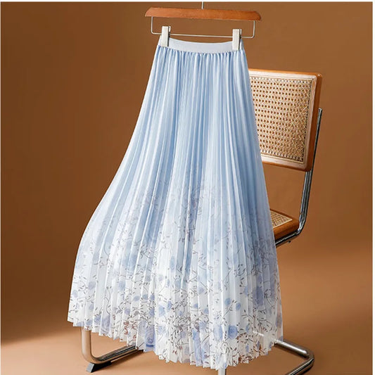 Printed Mesh half Skirt Women Spring Summer 2026 New Slim Floral Gauze Skirt Fashion Draped pleated A-line Long Skirts Female