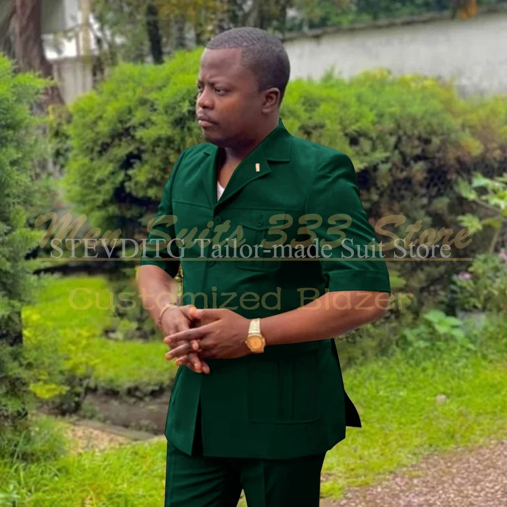 Safari Men Suits with Short Sleeve 2 Pieces Single Breasted Stand Notch Lapel African Fashion Style Set Jacket Pants