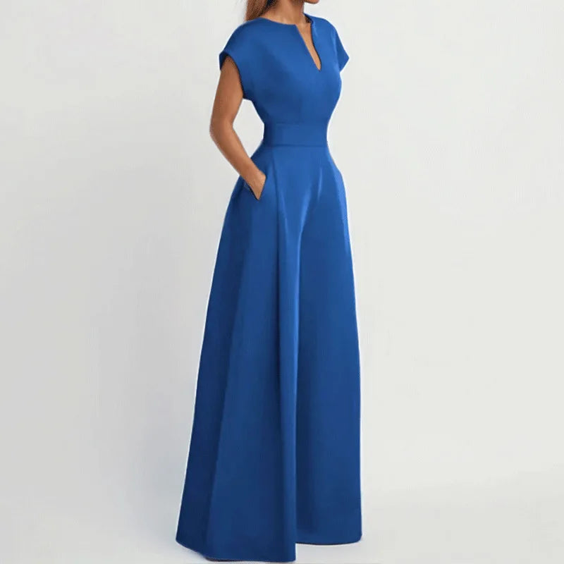 Elegant Solid Color V Neck Jumpsuit For Women High Waist Wide Leg Trousers With Pockets, Formal Office & Party Outfit