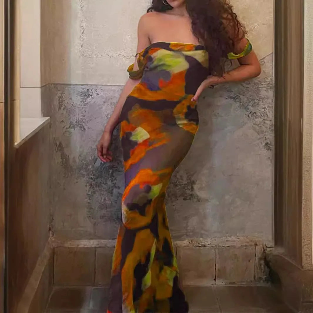 2024 popular American sexy printed suspender dress, long skirt, European and American style dress