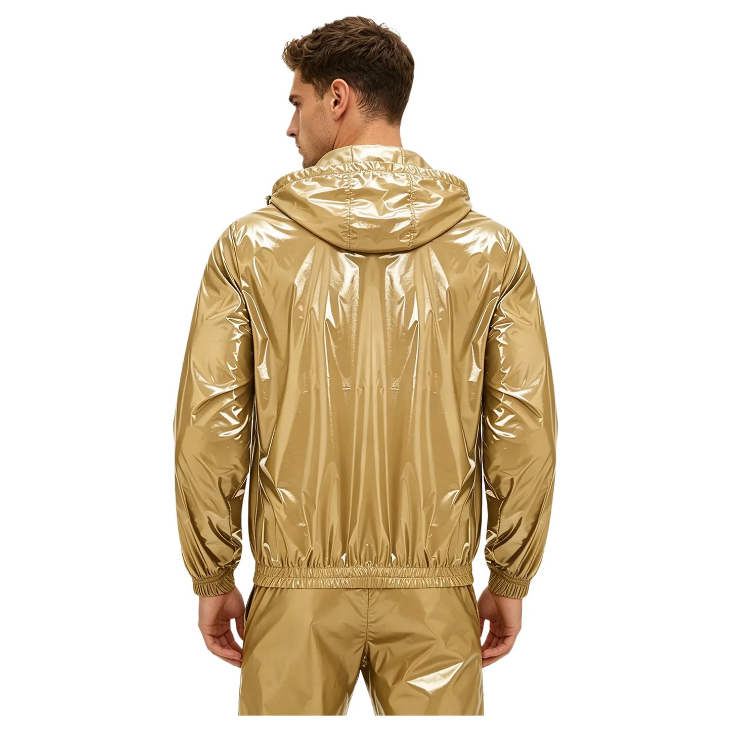 Men Shiny Glossy Hooded Jacket Windbreaker Raincoat for Hiking Fishing Biking Long Sleeve Front Zip-up Drawstring Hood Outerwear