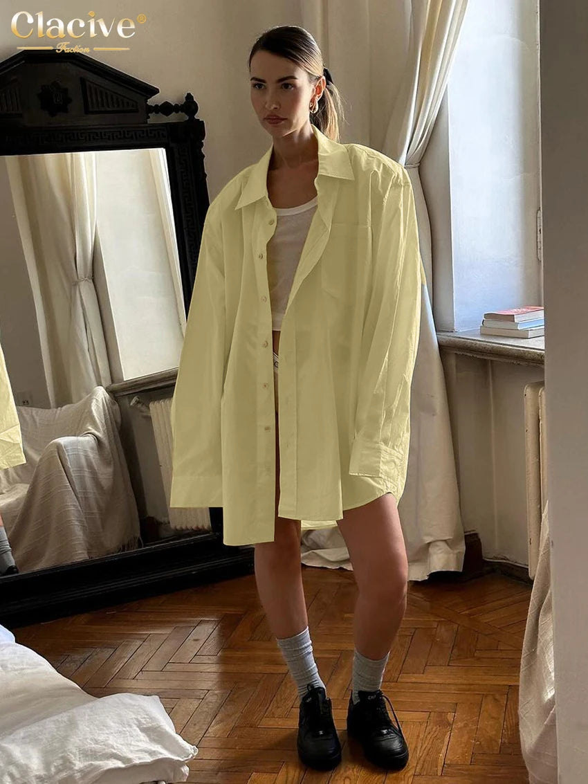 Clacive Fashion Loose Yellow Cotton Women's Blouse 2025 Casual Lapel Long Sleeve Shirt Elegant Simple Solid Top Female Clothing