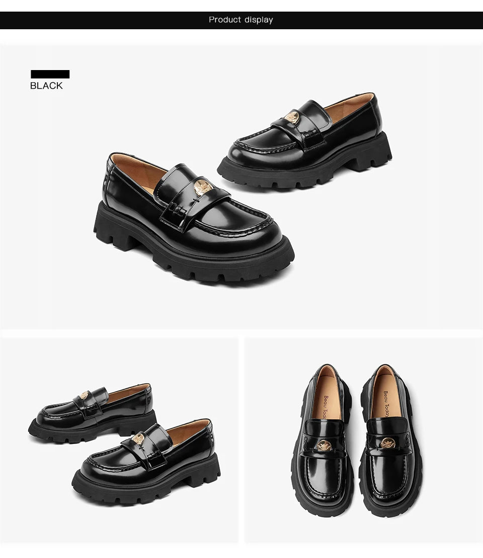 BEAUTODAY Penny Loafers Women Genuine Leather Moccasin Square Toe Metal Buckle Laides Platform Shoes Handmade 26424