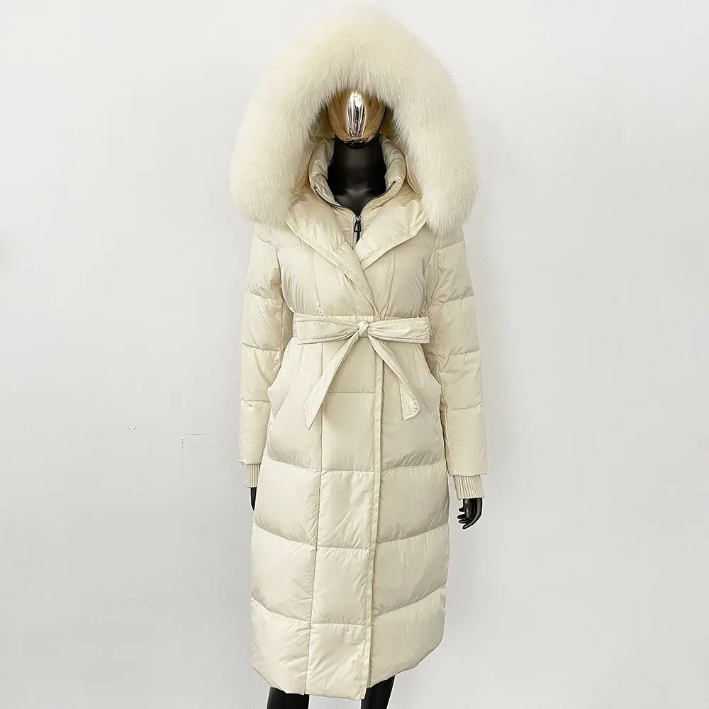 Down Jacket Women Winter Real Natural Fox Fur Hooded Detachable Collar Belt White Goose Down Coat Long Casual Elegant Overwears