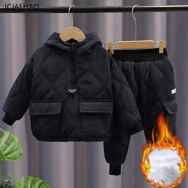 2025 Children Warm Thick Jackets Pants Suit Spring Girls Boys Clothing Sets Coats Trousers 2-10 Y Kids Tracksuit Winter Outfits