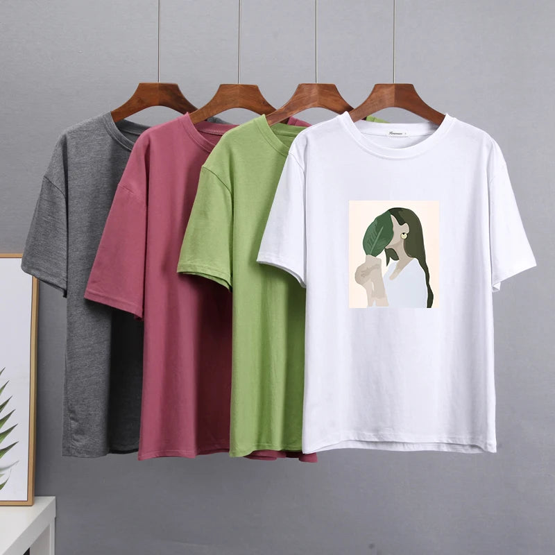 Hirsionsan Harajuku Printed T Shirt Women 2023 Summer Chic Tees 100% Cotton Elegant Graphic Clothes Loose Casual Pullover Tops