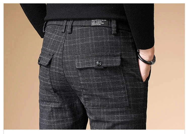 Fashion Black Grey Casual Trouses Mens Straight Fit Long Pants Striped Plaid Four Seasons High Quality Brand Business Trousers