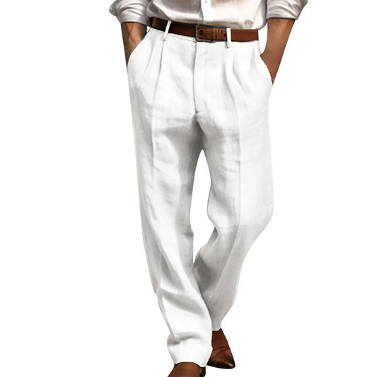 Men's Linen Casual Pants Double Fold Front Pocket Straight Leg Solid Color Breathable Daily Holiday Cotton Blend Fashionable