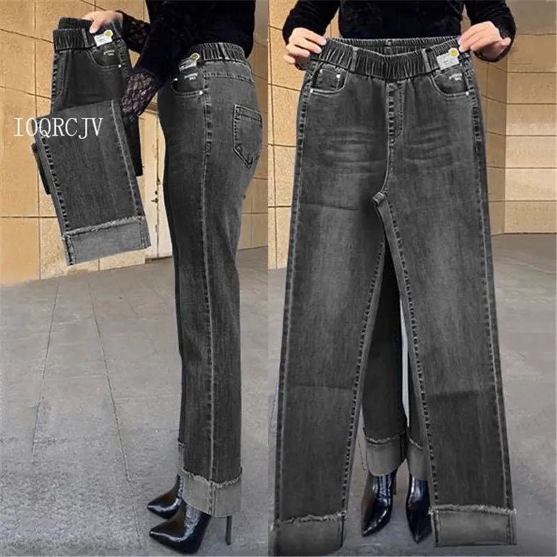 Plus Size Middle Aged Womens Jeans Elastic Waist High Waist Loose Denim Pants
