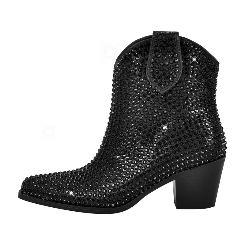 Onlymaker Pointed Toe Rhinestone Ankle Boots Glitter Bling Shiny Super Pretty Gorgeous Artificial Diamond Westen Cowgirl  Boots