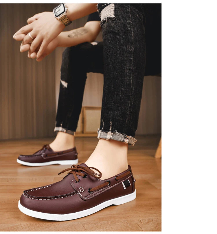 Men Loafers Strap Design Boat Shoes PU Leather High Quality Comfortable Slip-On Soft Flat Driving Shoes For Male Plus Size 40-48