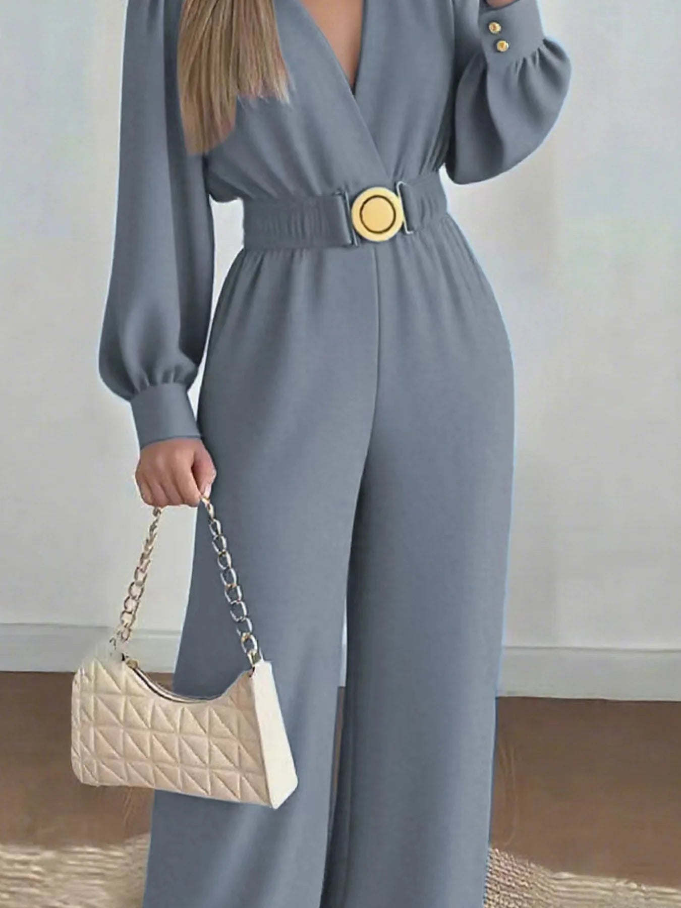 V Neck Solid Long Jumpsuits Fashion Commuting Belt Lace-Up Puff Sleeves Wide Legger Romper Casual Long Sleeve Women's Playsuit