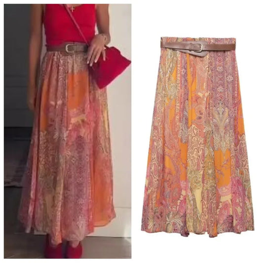 Women's Printed Midi Skirt 2026 Summer Causal Elasticated Waist With Belt Skrits Vintage Fashion Female Vacation Skirts