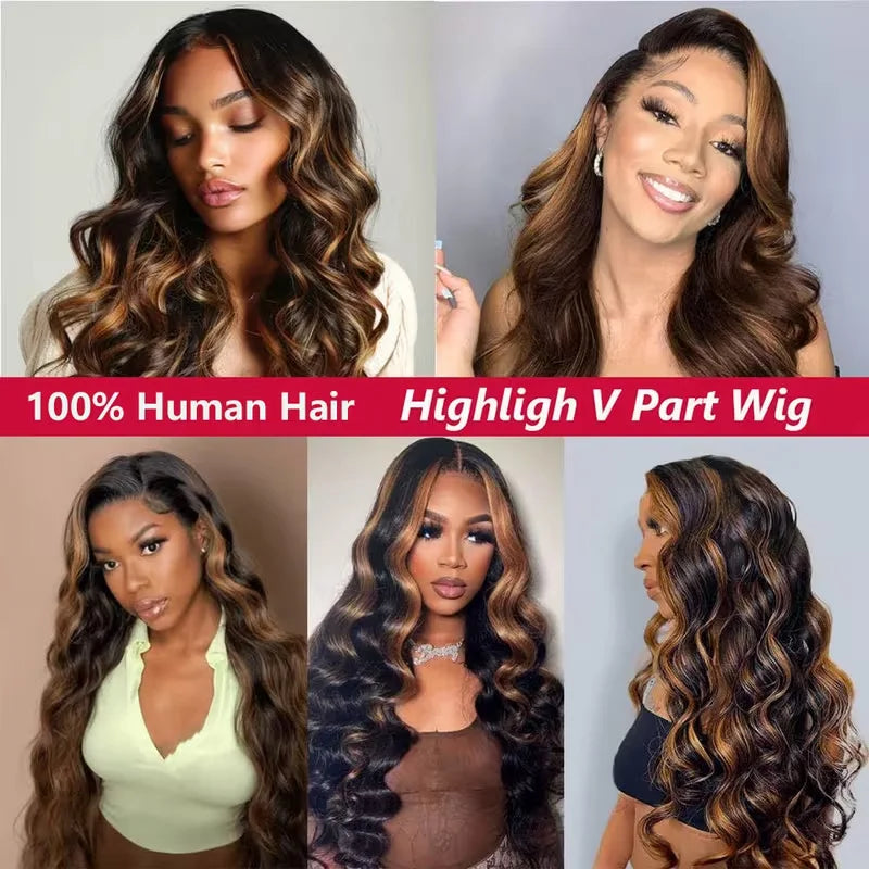 Ombre V Part Wig Human Hair Body Wave Upgrade U Part Human Hair Wig With Clips Black Wigs For Women 230% Density No Leave Out