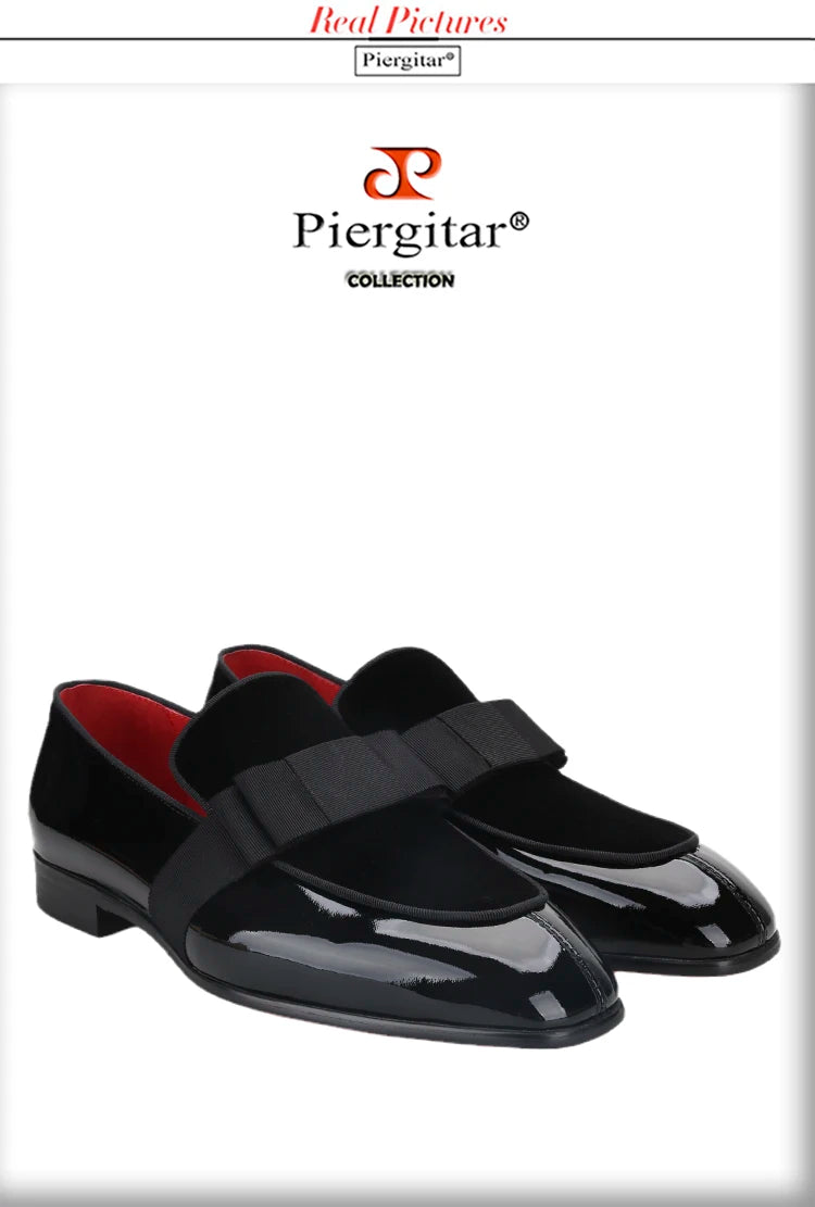 Black Patent Calfskin And Velvet Hand Stitching Men’s Dress Shoe With Grosgrain Ribbon Bow Adorns CL Brand Couture Loafer