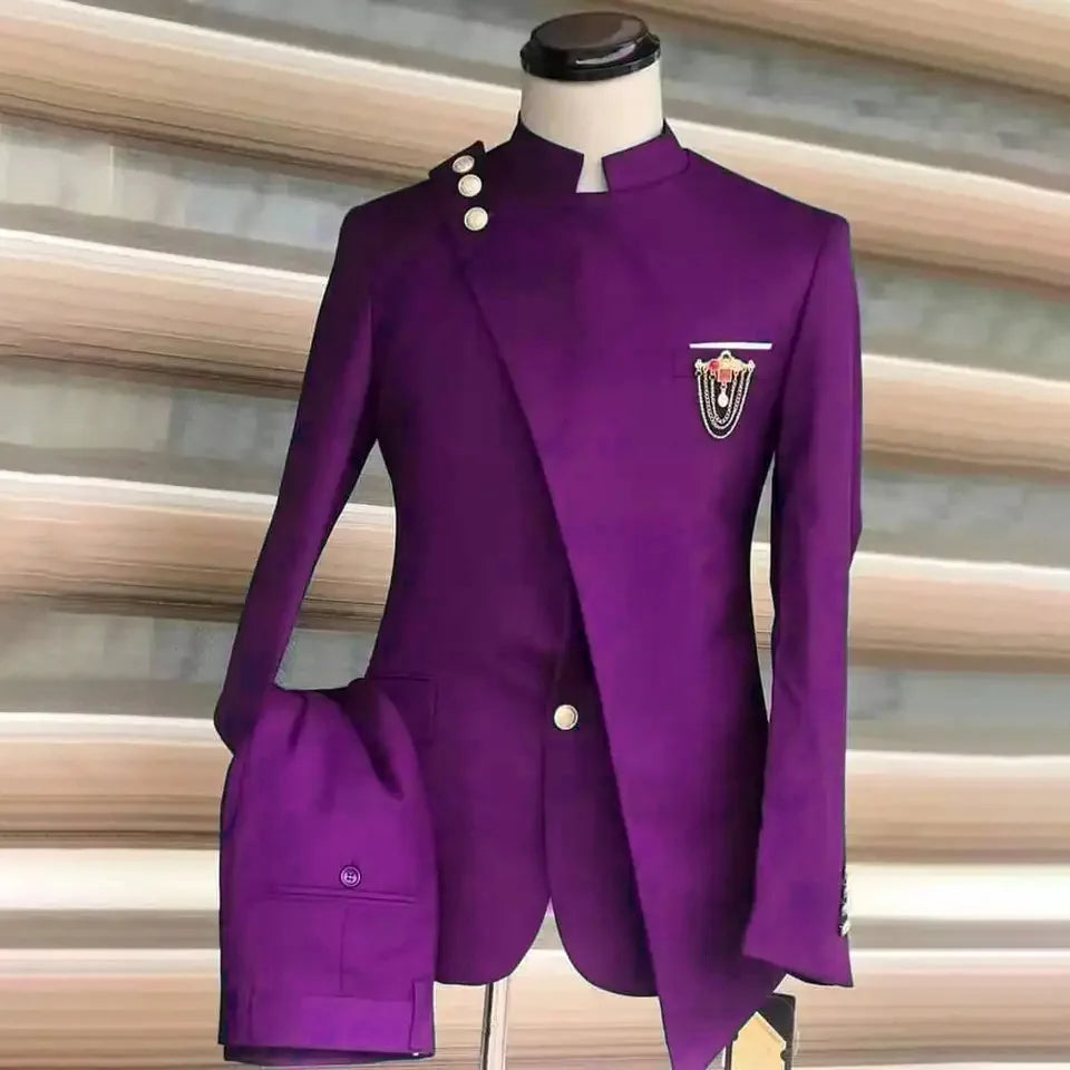 Men Blazer Suits 2 Piece Set Party Coat Straight Pants Ensemble Stand Collar Buttons Trousers Suit Jacket Outfits Autumn 2025