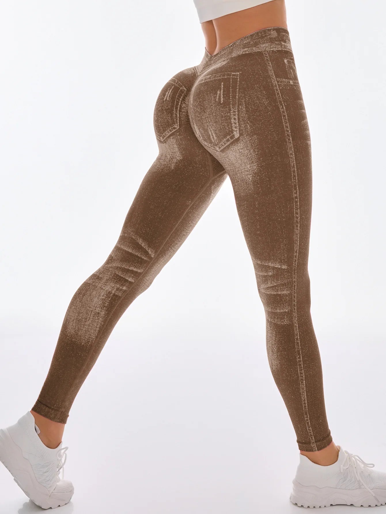 Women V Back Faux Denim Leggings For Gym Workout Athletic Yoga Pants Seamless