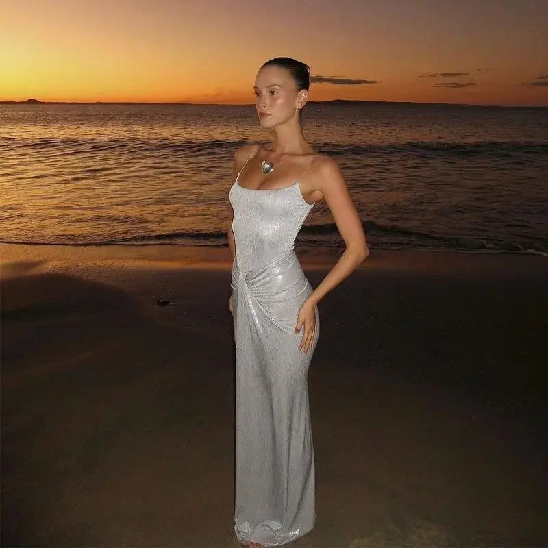 Sexy Royal Sister Style European and American Women's Clothing Fashion Wrinkled Kink Waist Tall Slim Long  Suspender Dress
