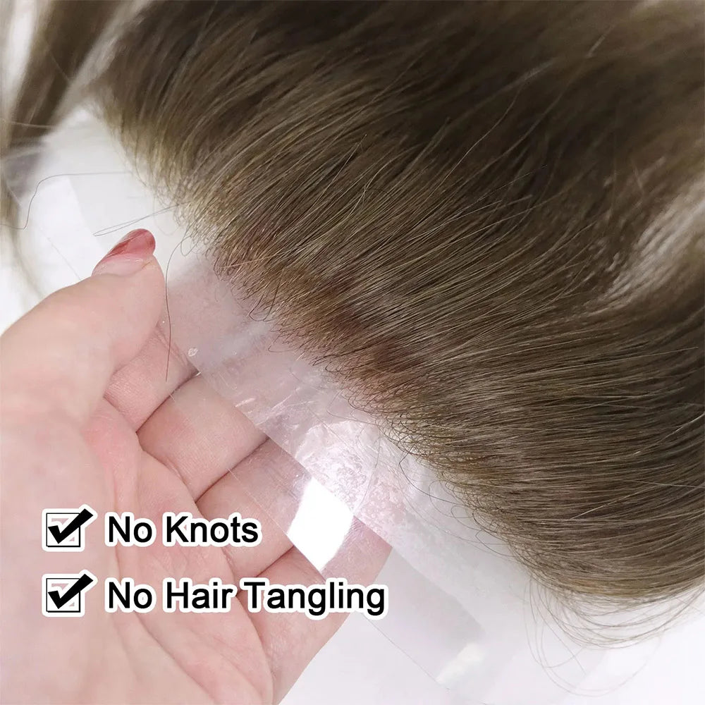 Mens Toupee V Loop Straight Frontal Hairline 100% Human Hair Forehead Toupee for Men Brown Natural Hairline Capillary Prosthesis