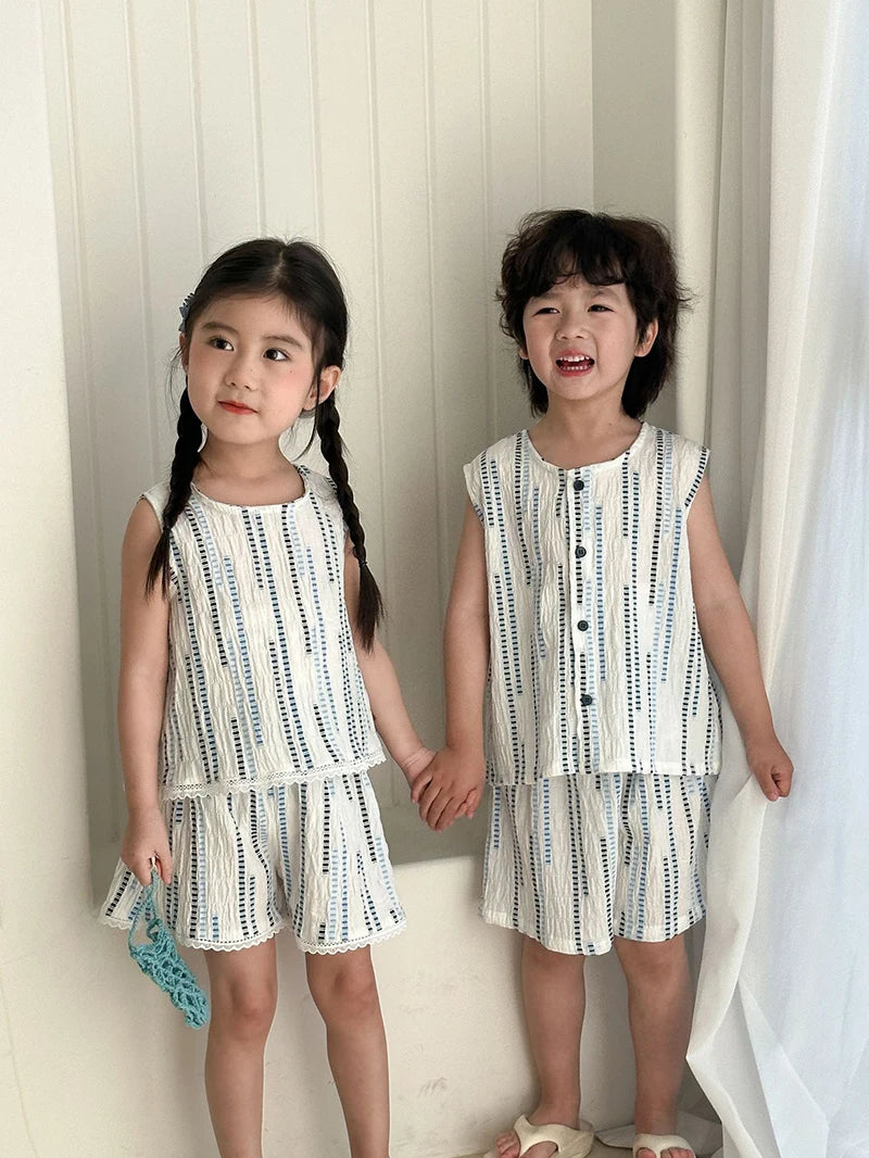 Summer Children's Vest Set Girls Lace Top Suit Kids Embroidered Striped Tank Top and Shorts 2Pcs Boys Casual Suit Sibling Outfit