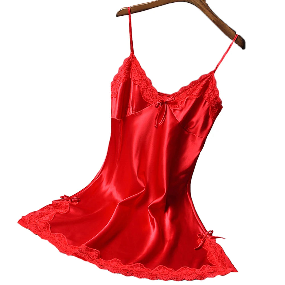 Ladies Sexy Silk Satin Night Dress Nightgown Sleeveless Lace Lingerie Sleepwear Ladies Wrap Dress Robe Sleepwear
