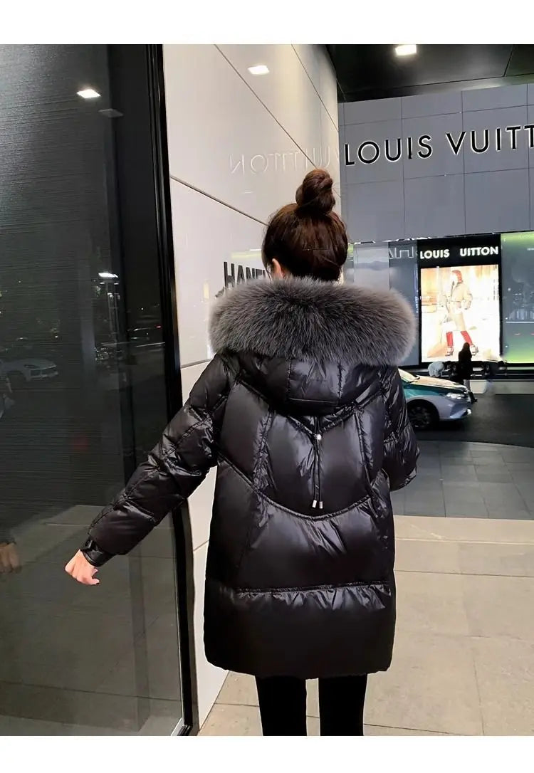 Black Down cotton Jacket Women's 2025 New Korean version Thick fur collar Loose Wash free Winter Coat Female Warm Parka Overcoat