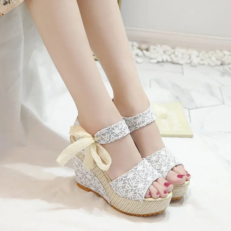 Summer New Fashion Slope Heel Fish Mouth Women's Sandals Party Lace Lace Strap Waterproof Platform Thick soled High Heels