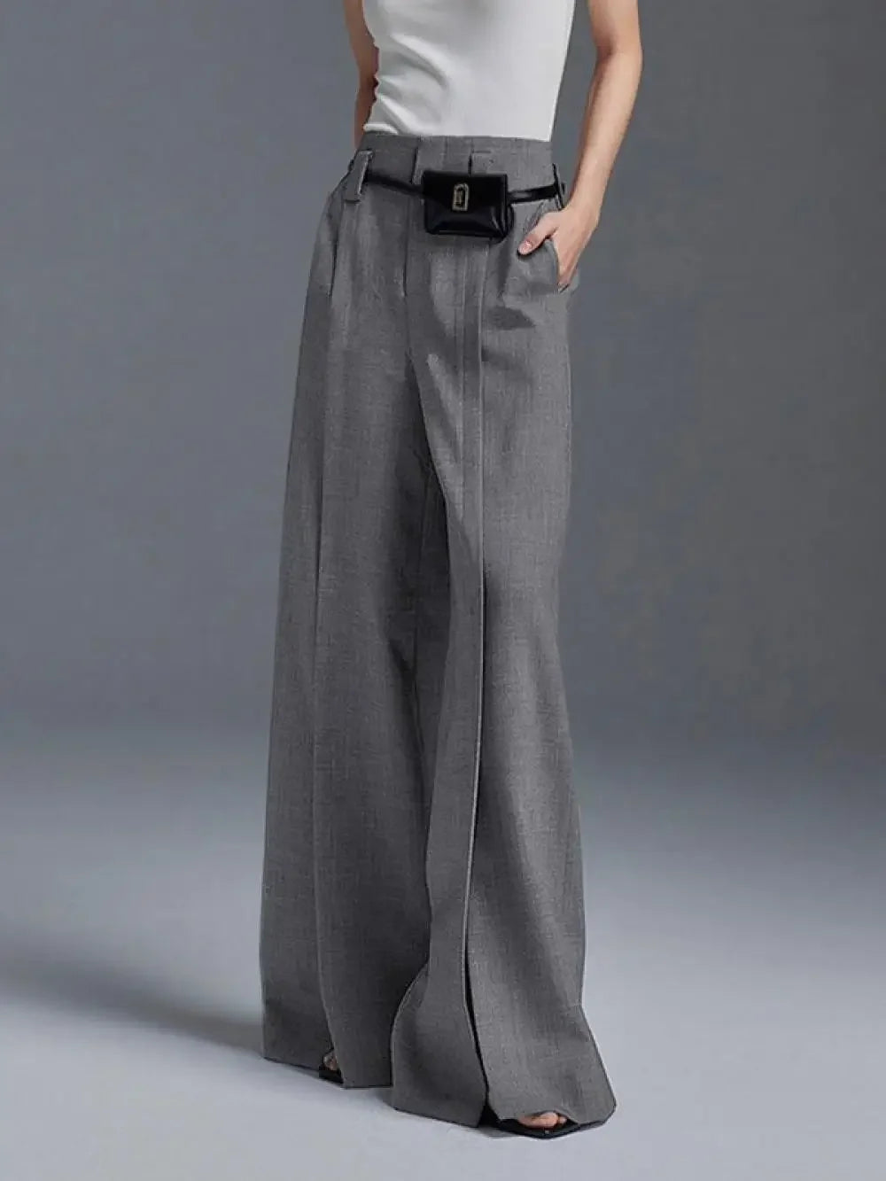 Yeezzi Women Business Suit Pants High Waist Pleated Split Front Trousers Black